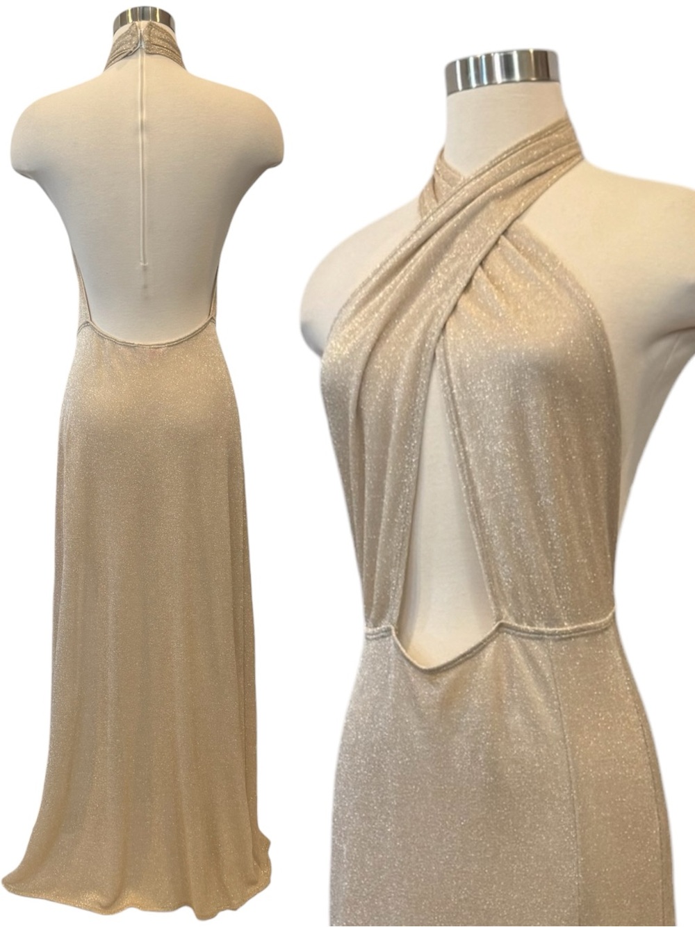 Y2K Victoria’s Secret Gold Lurex Sexy Drape Vintage Halter Maxi Gown Slip Dress